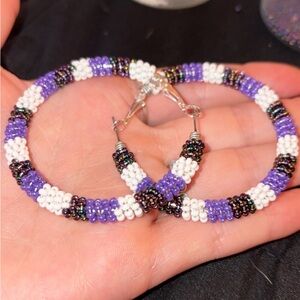 Handmade Purple & White Beaded Hoop Earrings (med/large)